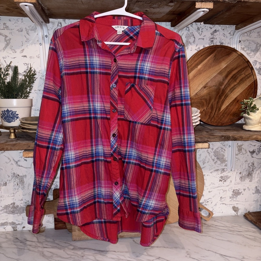 Orvis Women's M Cotton Blend Red Country Western Flannel Button Down Shirt
